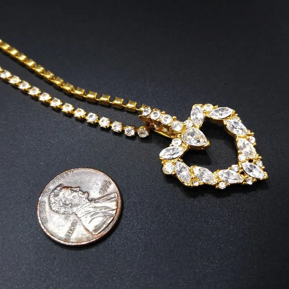 Vintage Monet Rhinestone Heart Necklace Gold Tone Marquise 1970s